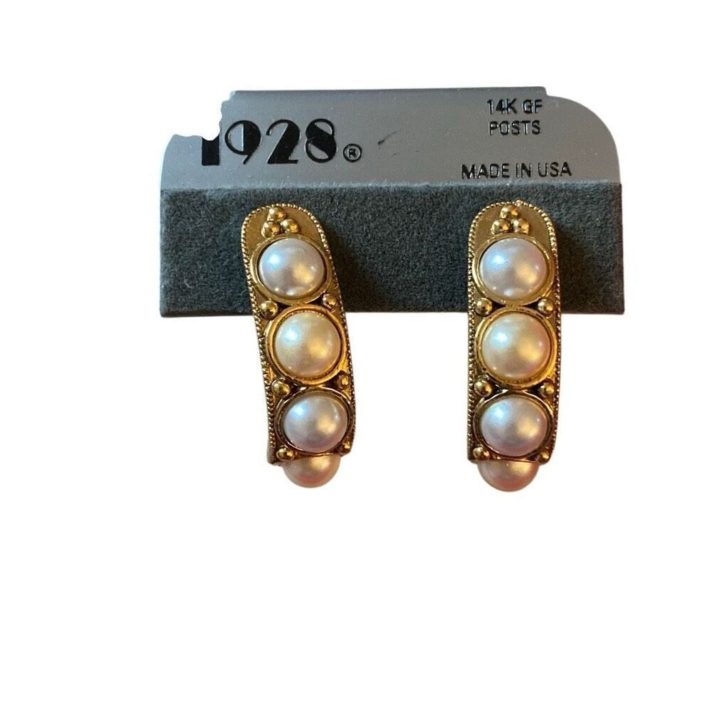 Vintage 1928 Brand Ivory Faux Pearl Dangle Drop Earrings Gold Tone 14K GF posts